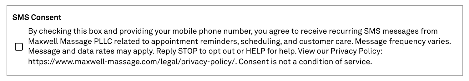 Screenshot of the Maxwell Massage PLLC electronic patient intake form showing the SMS consent section with an unchecked consent checkbox and full disclosure text